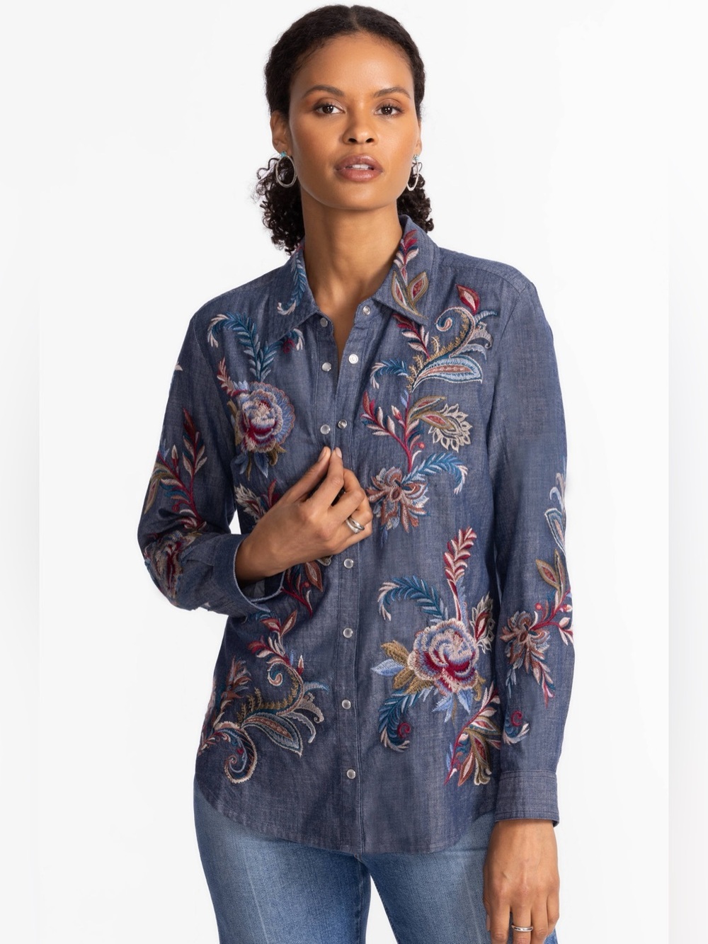NWT Johnny Was Alexa Zipper Back Shirt Navy Denim Multicolor Embroidery SZ S